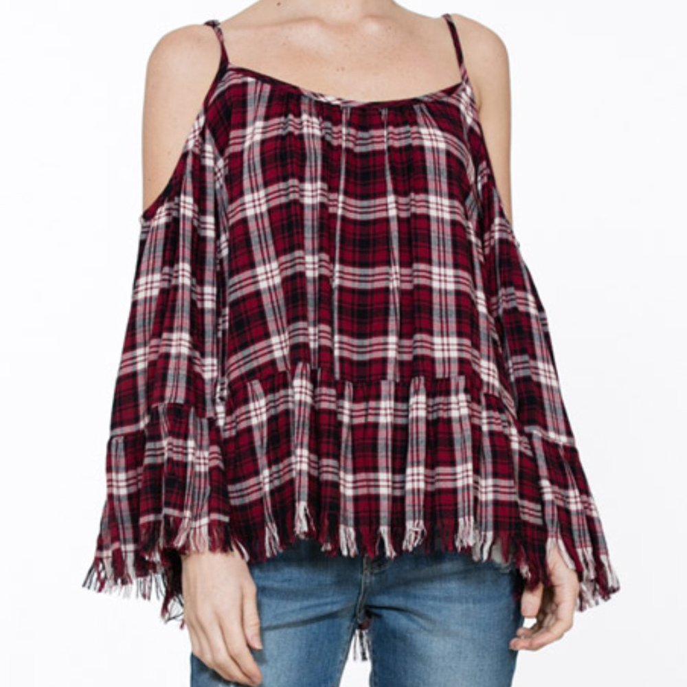 PLAID OFF SHOULDER RUFFLE DETAIL TOP